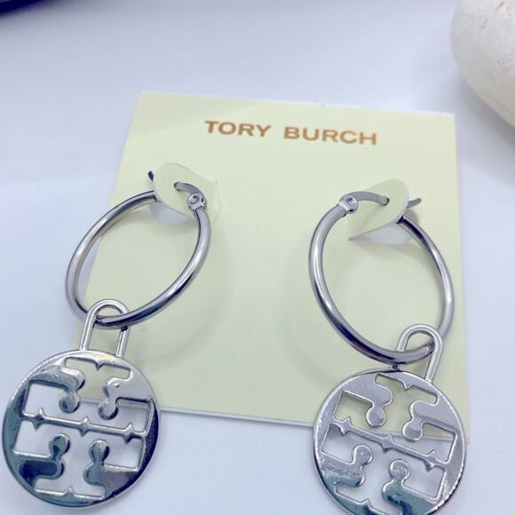 Tory  Burch Silver Logo Pendant  Charm Hoop Earrings - Picture 1 of 6